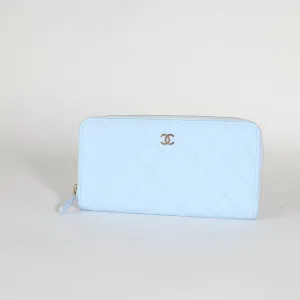 23P Light Blue Quilted Caviar Long Zip Around Wallet