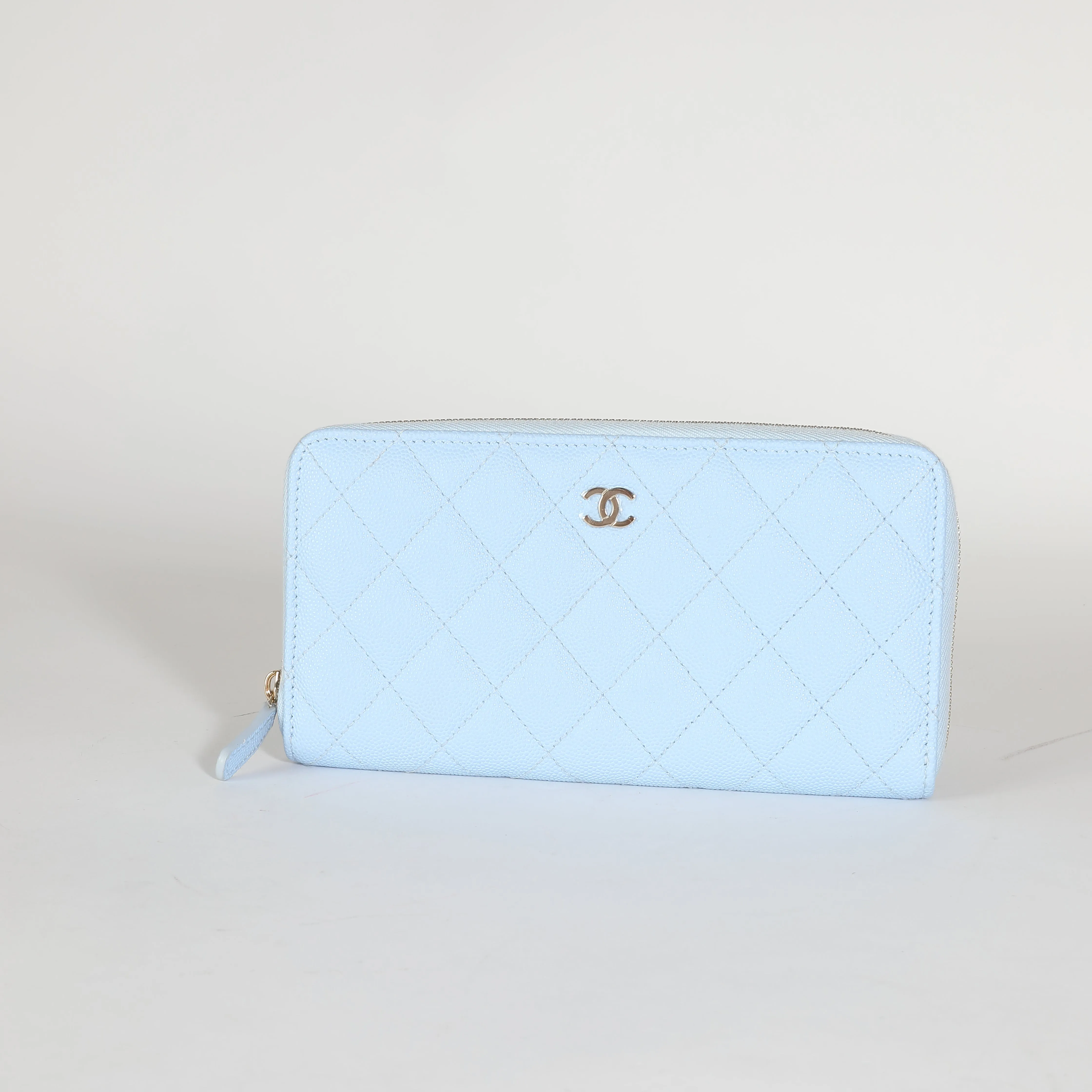 23P Light Blue Quilted Caviar Long Zip Around Wallet