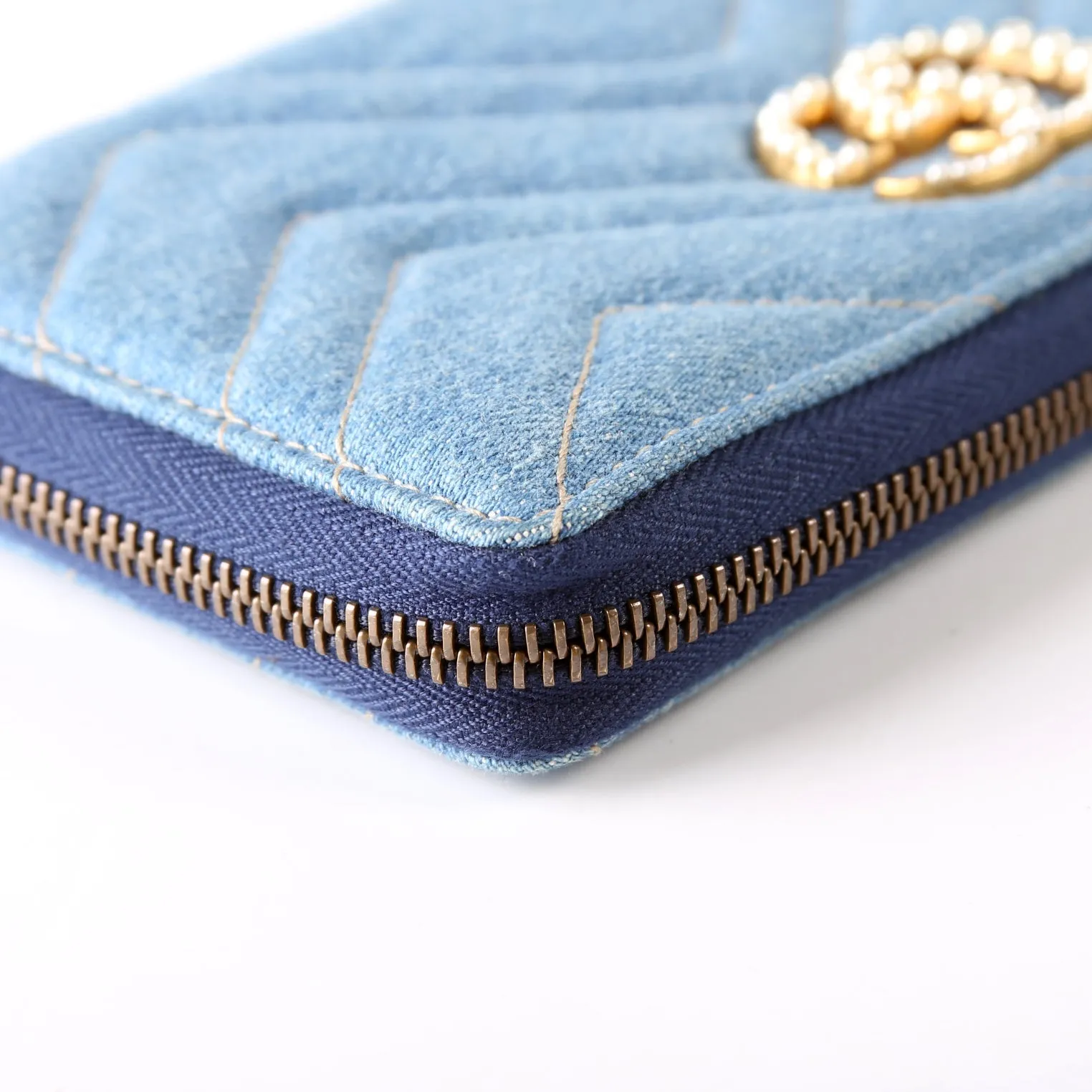 443123 GG Marmont Pearly Denim Zip Around Wallet Blue