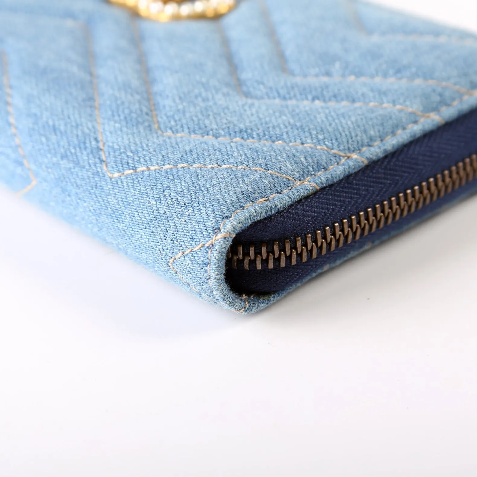 443123 GG Marmont Pearly Denim Zip Around Wallet Blue