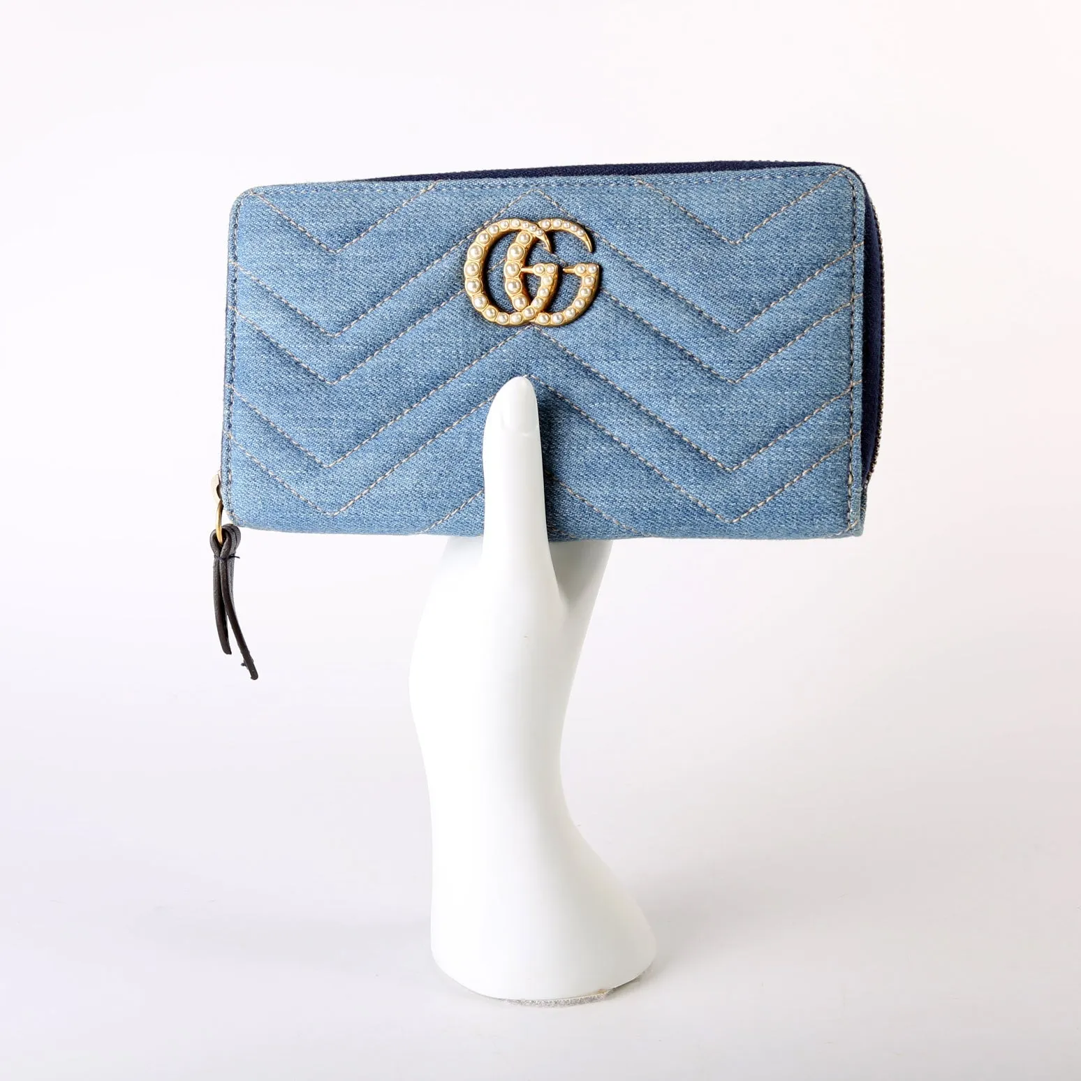 443123 GG Marmont Pearly Denim Zip Around Wallet Blue