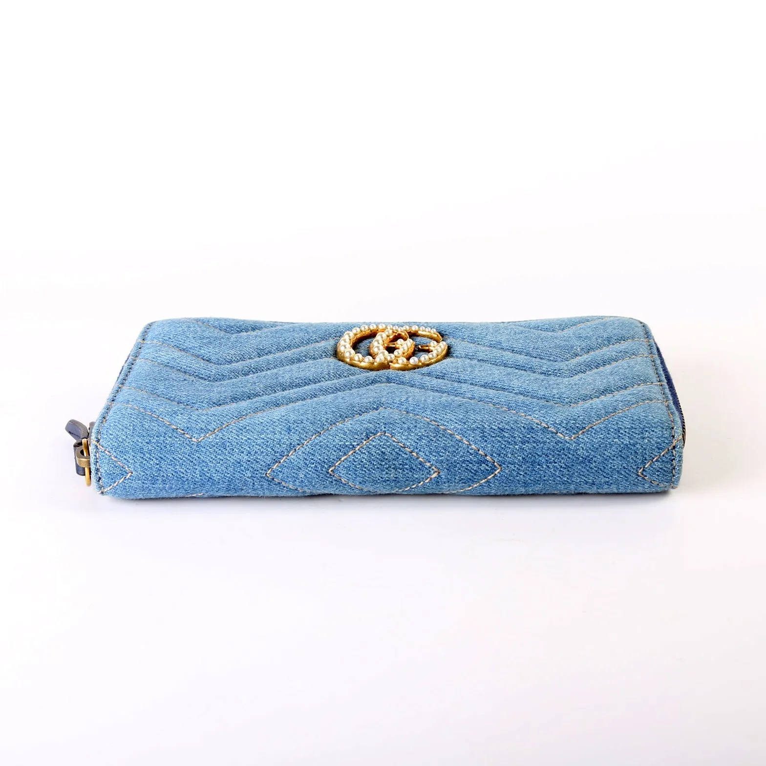 443123 GG Marmont Pearly Denim Zip Around Wallet Blue