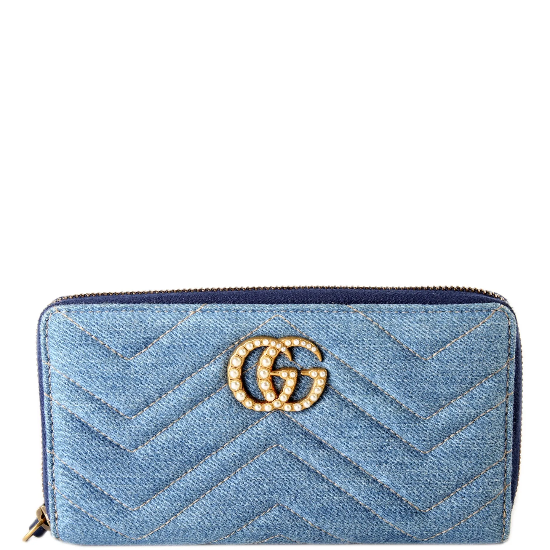 443123 GG Marmont Pearly Denim Zip Around Wallet Blue