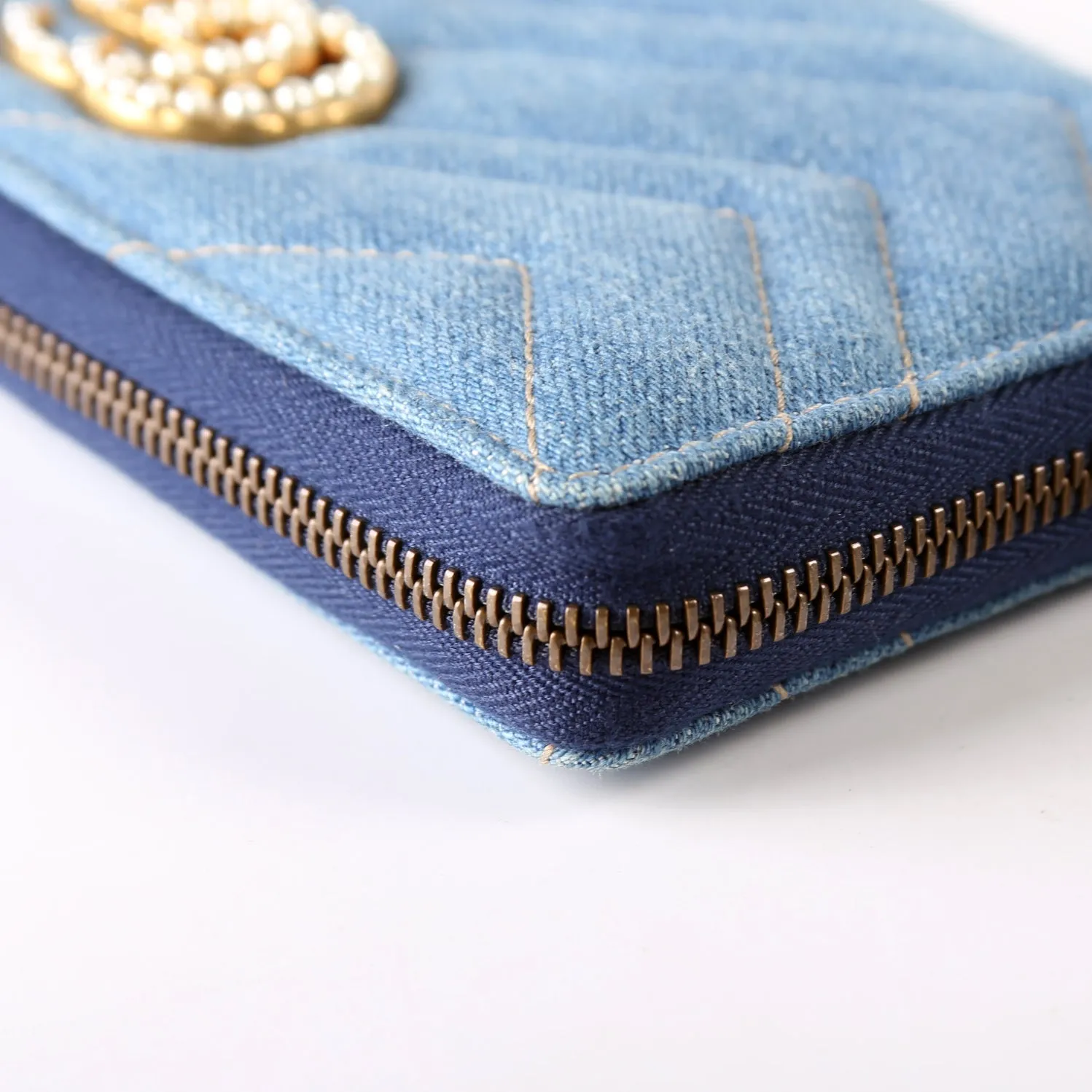 443123 GG Marmont Pearly Denim Zip Around Wallet Blue