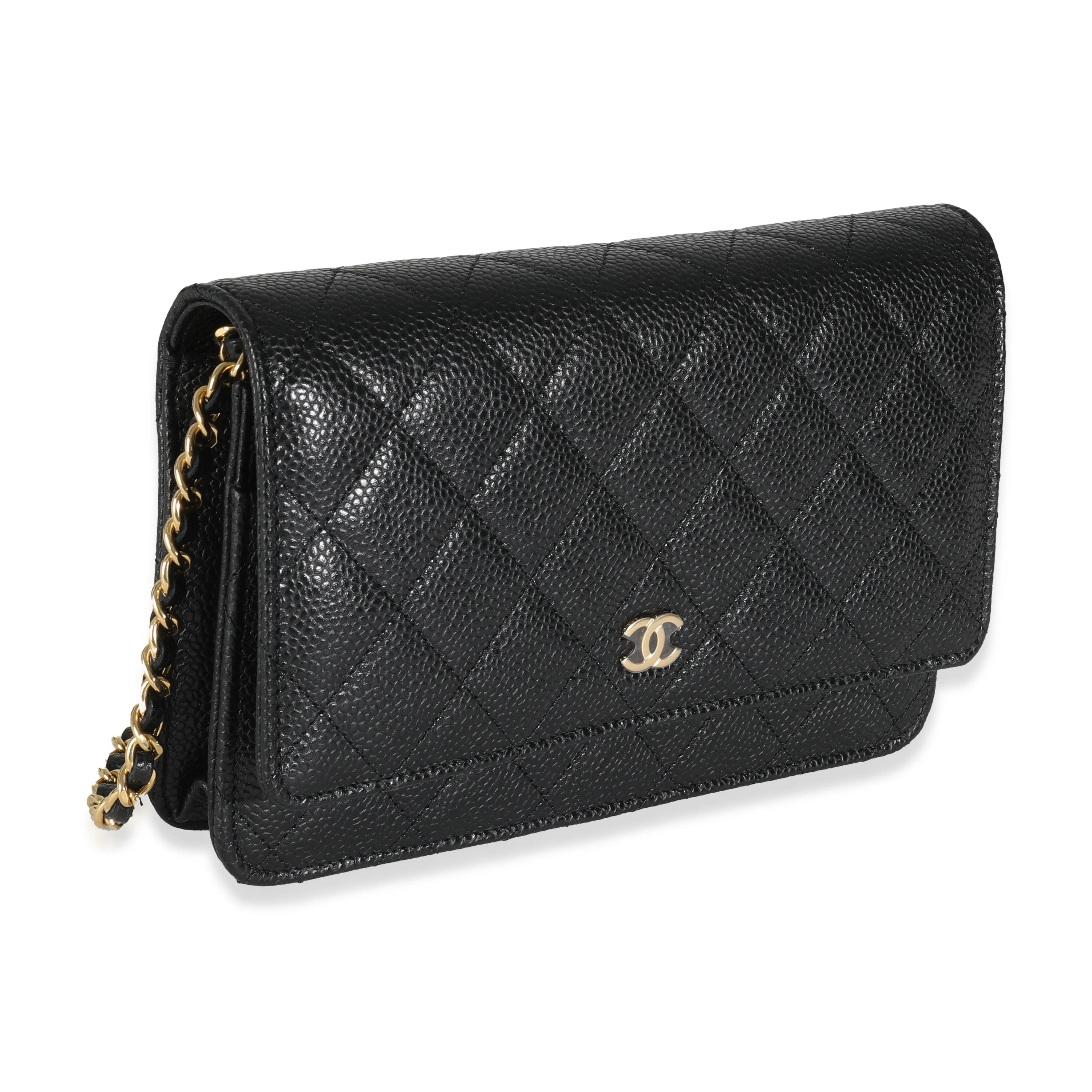 Black Quilted Caviar Classic Wallet On Chain