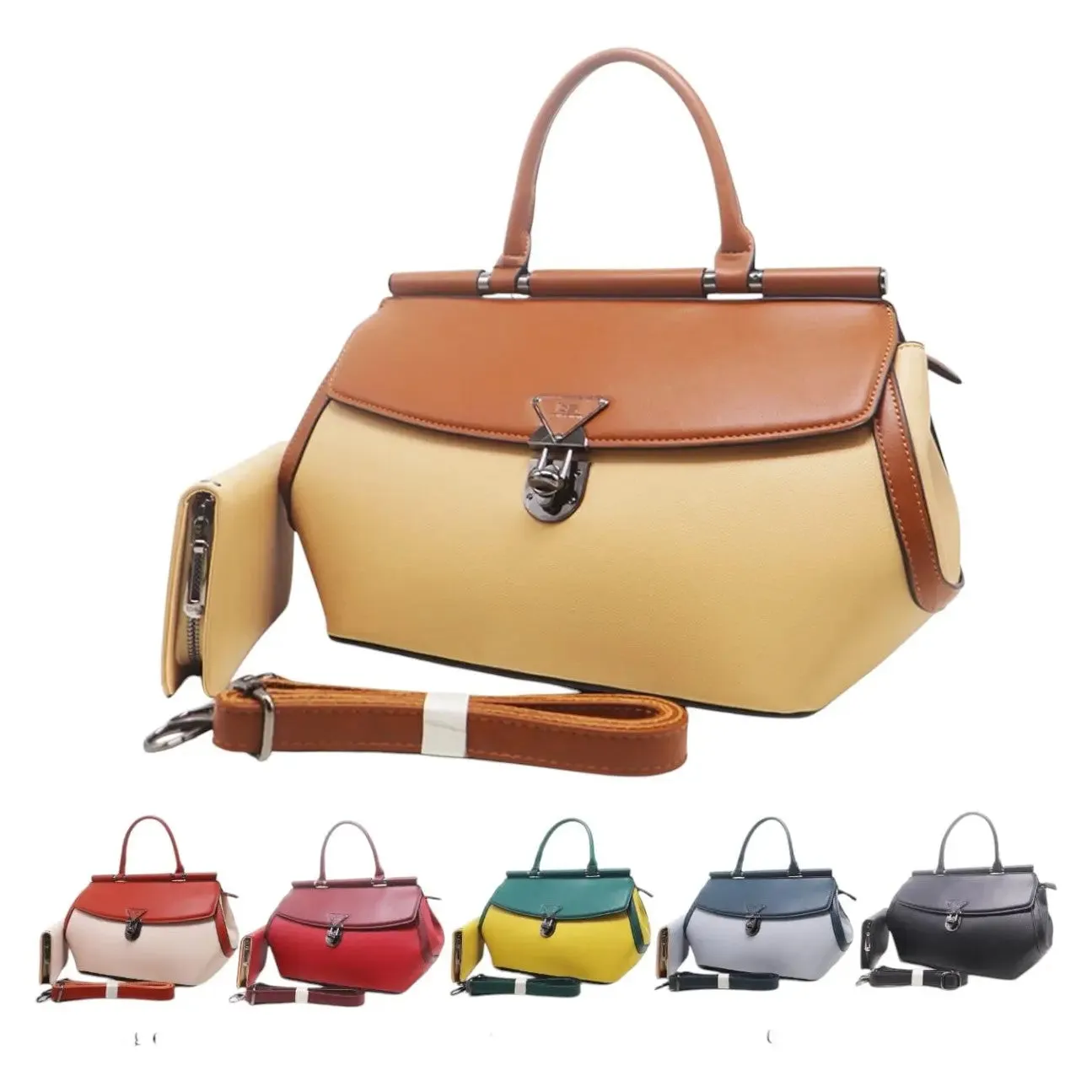 BS Classic Dual-Tone Top Handle Satchel with Lock Closure & Wallet