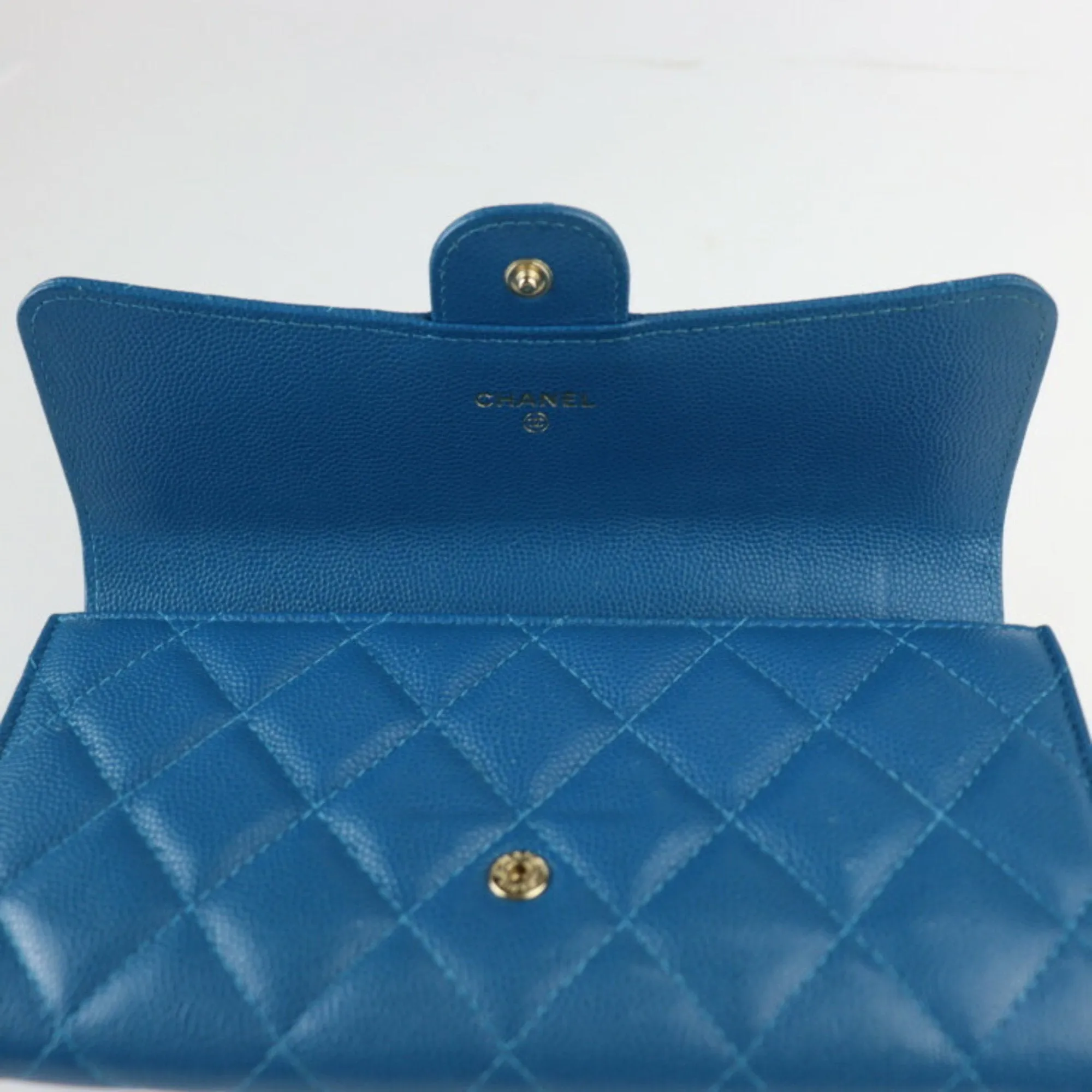 Chanel Classic Long Flap Wallet Matelasse Bifold AP0241 Caviar Skin Blue Gold Metal Fittings 30 Series