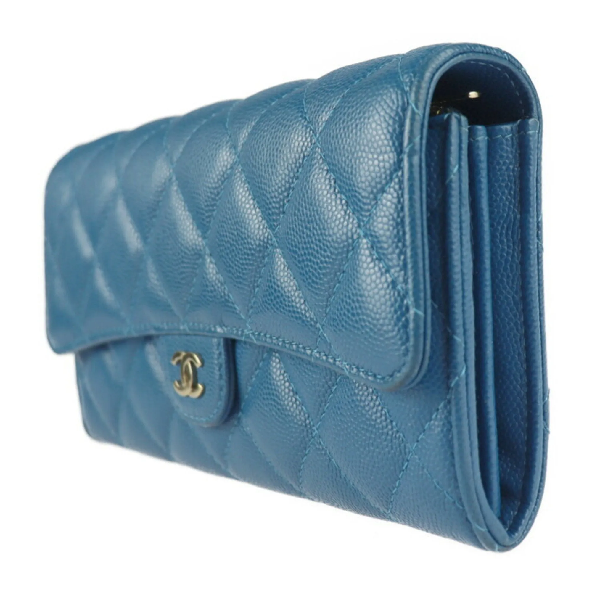 Chanel Classic Long Flap Wallet Matelasse Bifold AP0241 Caviar Skin Blue Gold Metal Fittings 30 Series