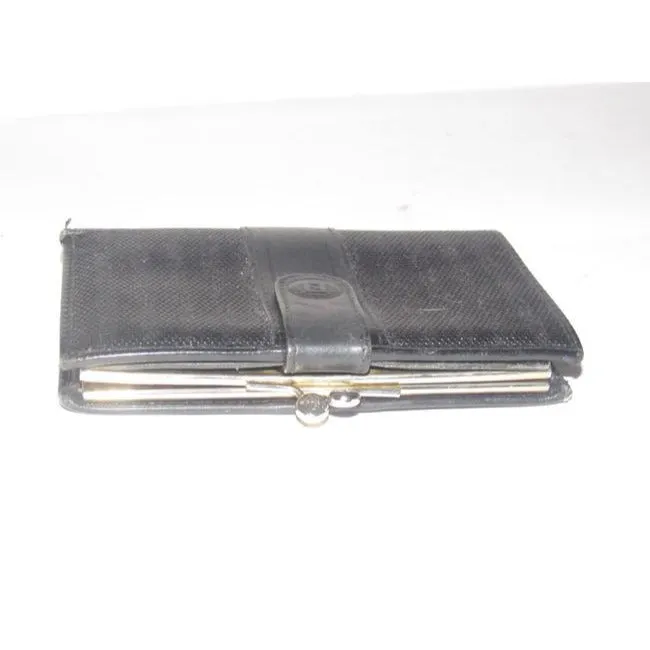 Fendi Black Thin Striped Coated Canvas And Black Leather Vintage Wallet