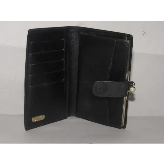 Fendi Black Thin Striped Coated Canvas And Black Leather Vintage Wallet