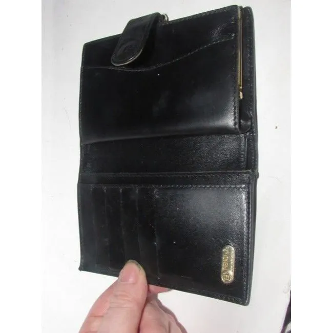 Fendi Black Thin Striped Coated Canvas And Black Leather Vintage Wallet