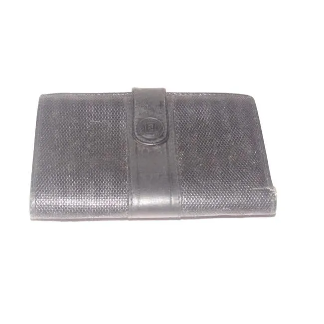 Fendi Black Thin Striped Coated Canvas And Black Leather Vintage Wallet