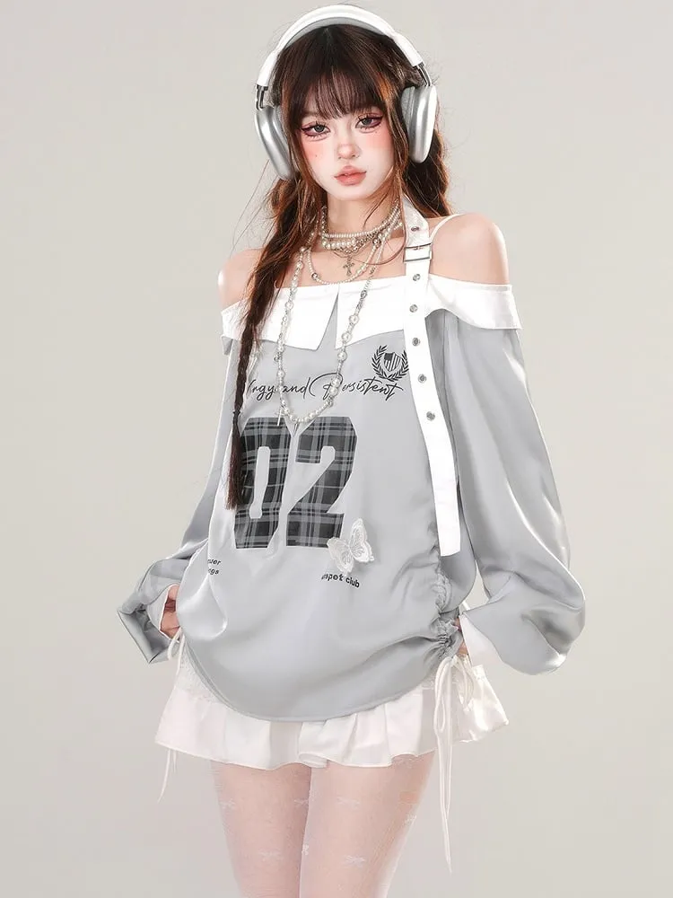 Grey Numbers Print Buckle Strap Halter Sporty Top Drawstring Waist