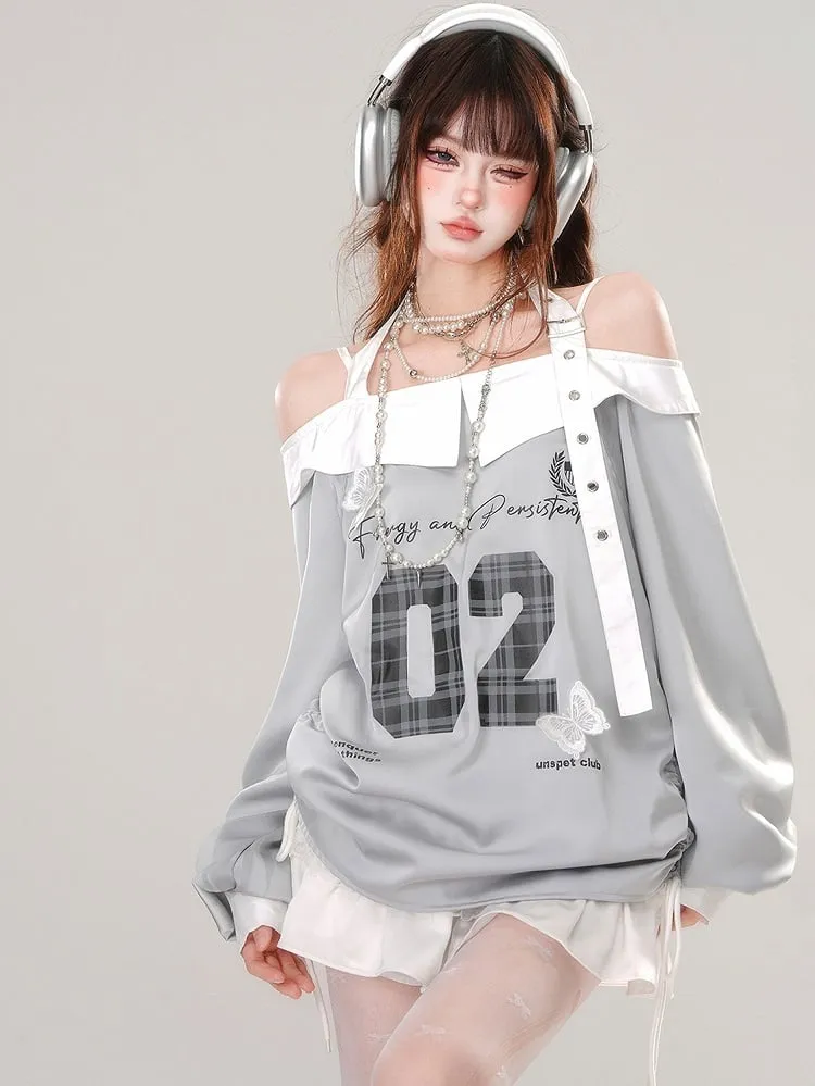 Grey Numbers Print Buckle Strap Halter Sporty Top Drawstring Waist
