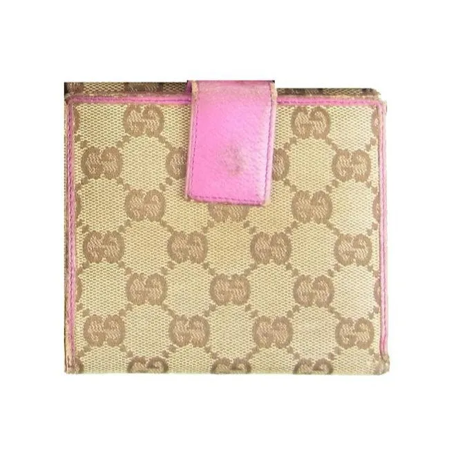 Gucci Brown Large G Logo Canvas And Hot Pink Leather Vintage Wallet