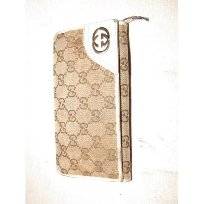 Gucci Brown Large G Logo Print Canvas And White Leather Vintage Wallet