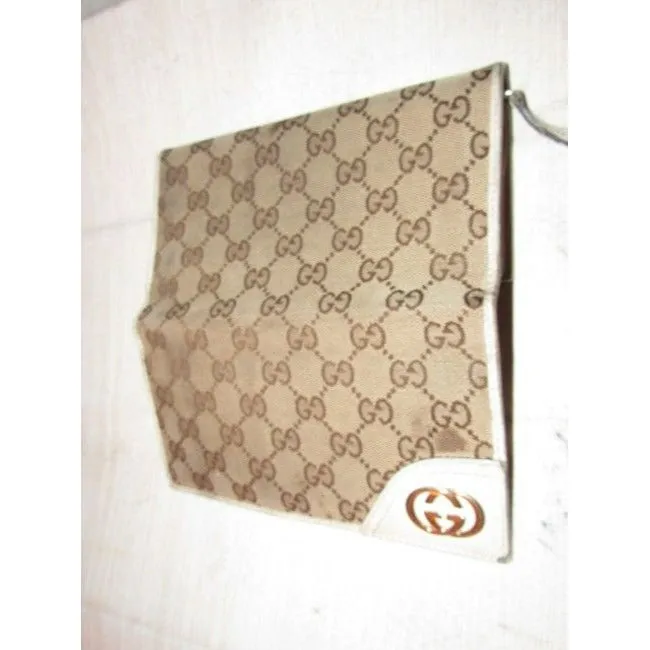 Gucci Brown Large G Logo Print Canvas And White Leather Vintage Wallet