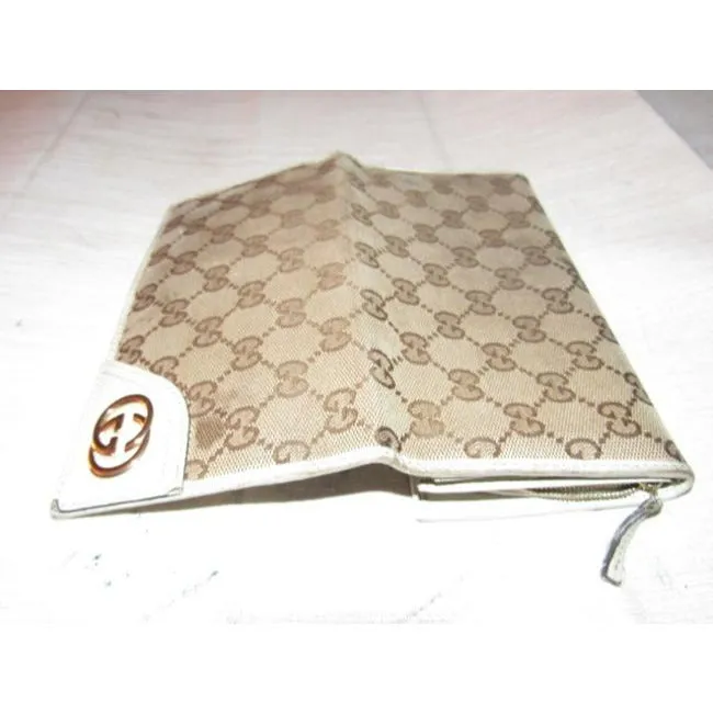 Gucci Brown Large G Logo Print Canvas And White Leather Vintage Wallet