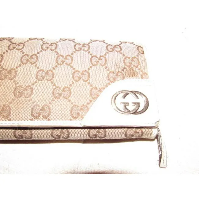 Gucci Brown Large G Logo Print Canvas And White Leather Vintage Wallet