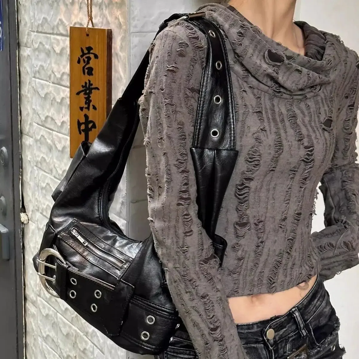 UAKISS  -  High Street Black Shoulder Bags Purse Women Sweet Cool Hot Girls Leather Y2k Handbag Female Retro Casual Crossbody Bags