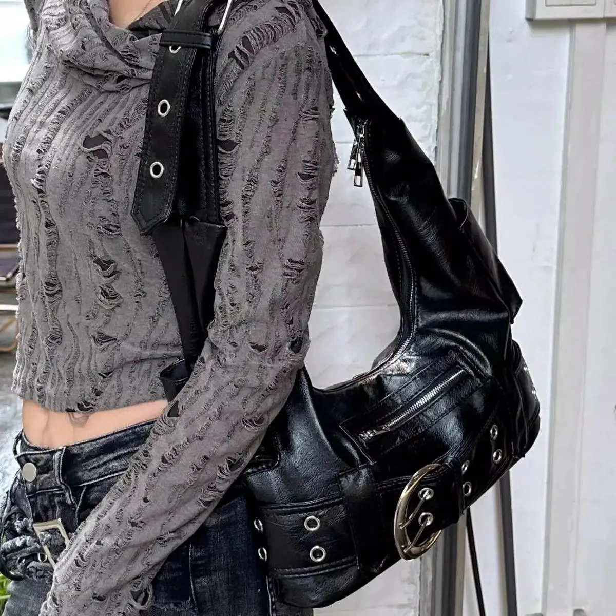 UAKISS  -  High Street Black Shoulder Bags Purse Women Sweet Cool Hot Girls Leather Y2k Handbag Female Retro Casual Crossbody Bags