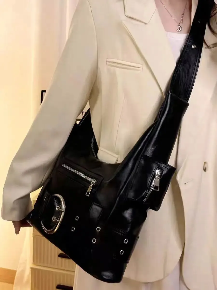 UAKISS  -  High Street Black Shoulder Bags Purse Women Sweet Cool Hot Girls Leather Y2k Handbag Female Retro Casual Crossbody Bags