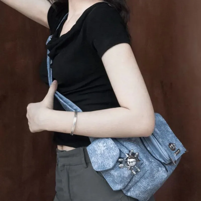 UAKISS  -   High Street Denim Shoulder Bags Purse Women Hot Girl Large Capacity Casual Crossbody Bags Female Retro Handbag Aesthetic