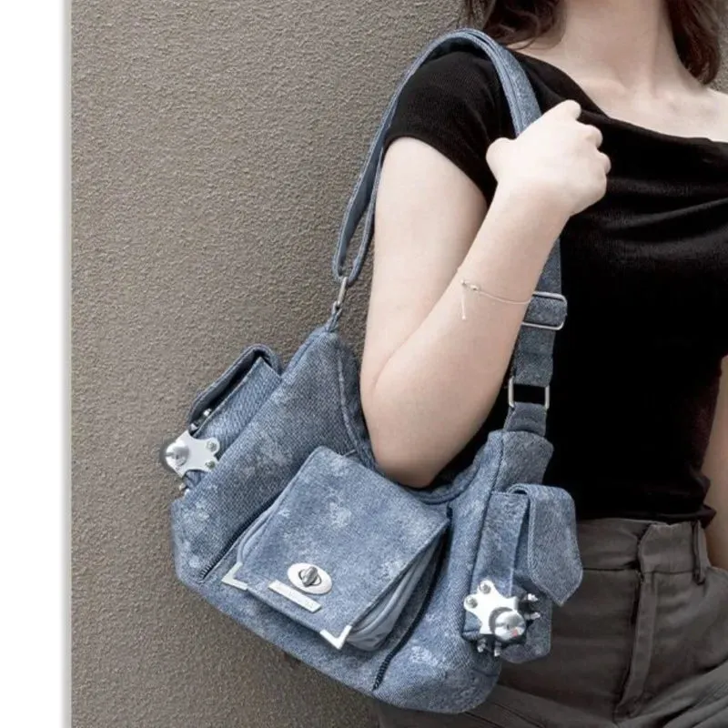 UAKISS  -   High Street Denim Shoulder Bags Purse Women Hot Girl Large Capacity Casual Crossbody Bags Female Retro Handbag Aesthetic