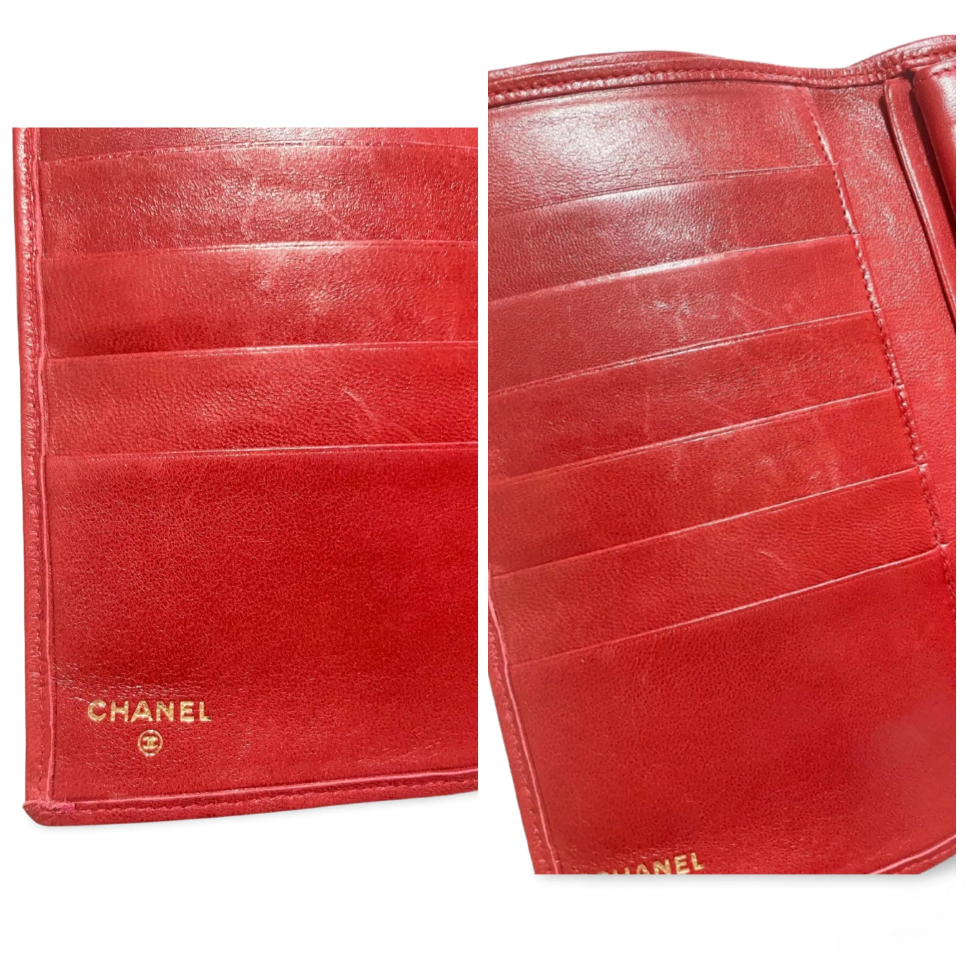 Vintage CHANEL lipstick red calfskin leather wallet with gold tone CC motif. Classic purse. 060810r3
